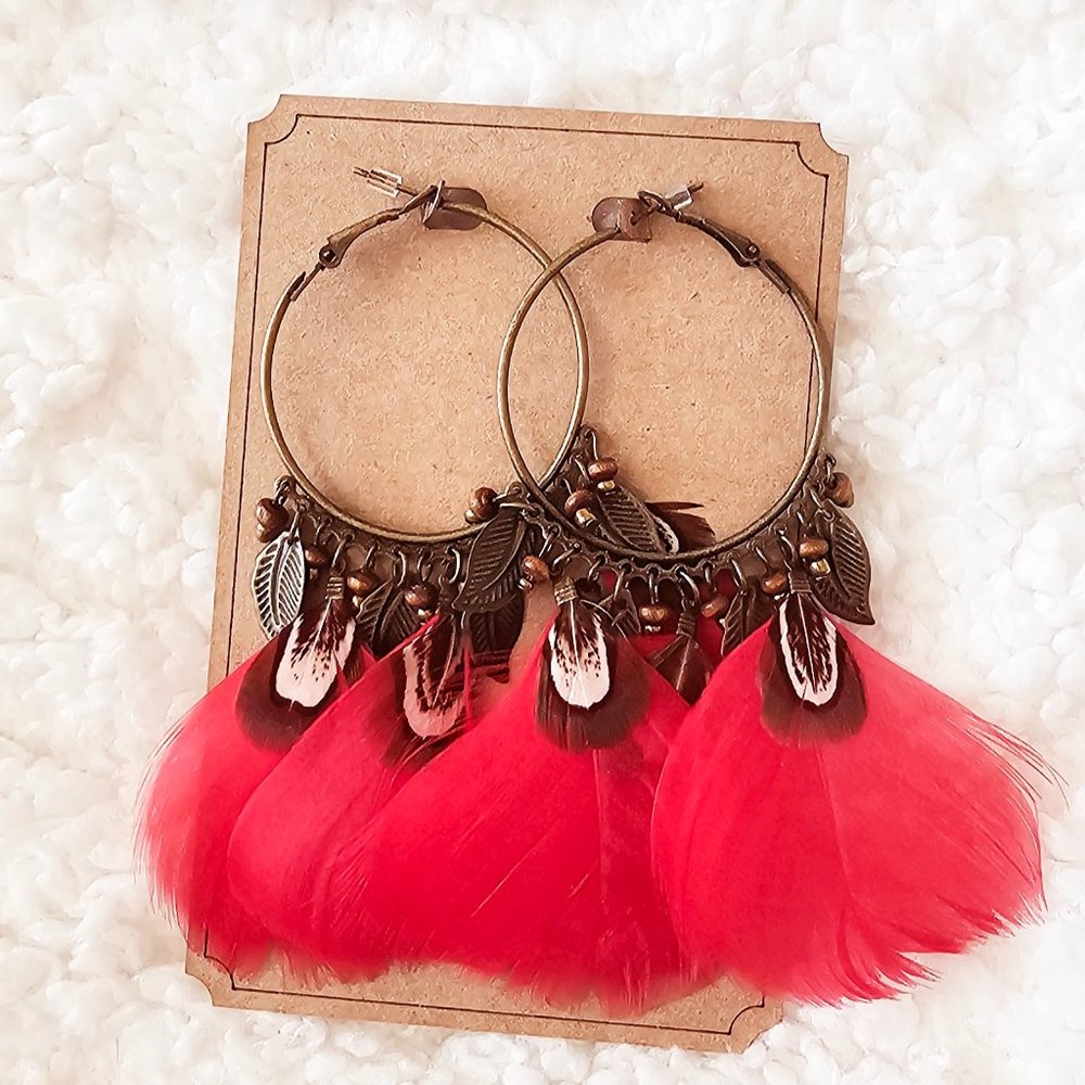 5/$25 Boho Hoop Earrings with Beads and Red Feathers
